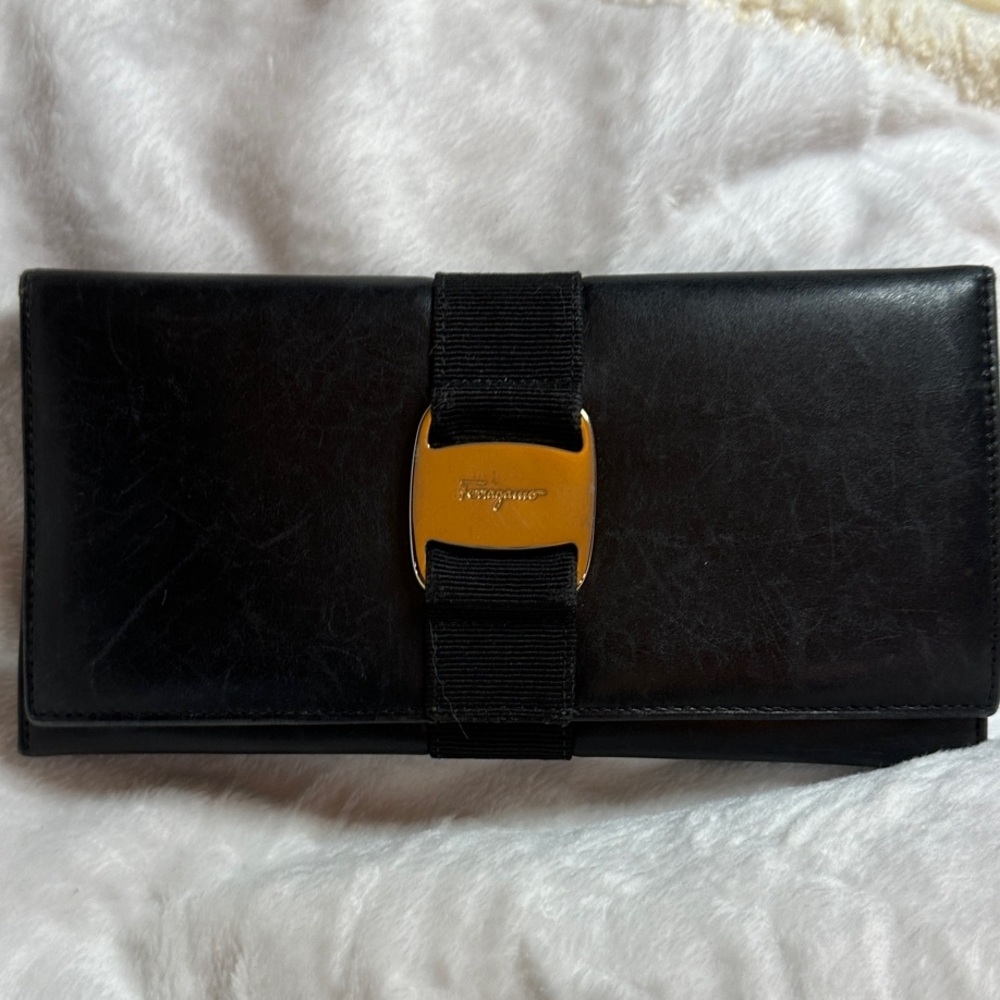 Salvatore Ferragamo Black Leather Wallet with Gold Accent